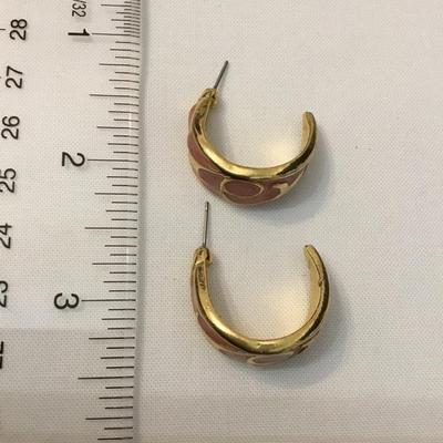 Vintage, heavy gold, toned, light, pink enamel half hoop earrings