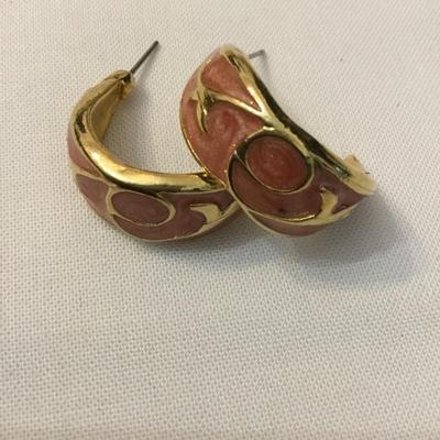 Vintage, heavy gold, toned, light, pink enamel half hoop earrings