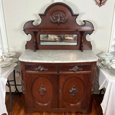 DR458 Antique Marble Top Victorian Buffet Cabinet