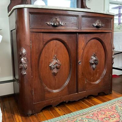 DR458 Antique Marble Top Victorian Buffet Cabinet
