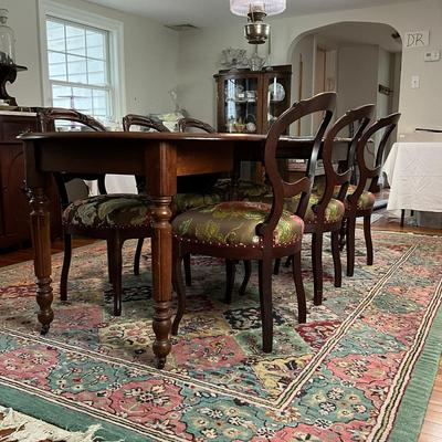 DR465 Antique Mahogany Dining Room Round Table with 6 Antique Balloon Back Chairs