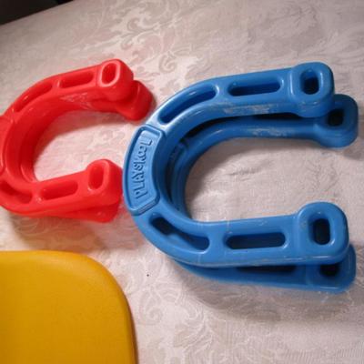 Child's Bowling game, horseshoes, & clackers