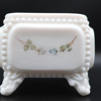 Vintage Westmoreland Milk Glass Trinket Box Square Footed with Roses