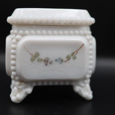 Vintage Westmoreland Milk Glass Trinket Box Square Footed with Roses