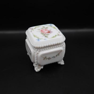 Vintage Westmoreland Milk Glass Trinket Box Square Footed with Roses