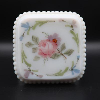 Vintage Westmoreland Milk Glass Trinket Box Square Footed with Roses