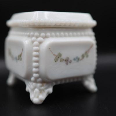 Vintage Westmoreland Milk Glass Trinket Box Square Footed with Roses