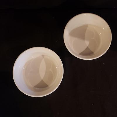 White Bowls, Brie Bakeware, Round Woven Basket-Crate & Barrel (K-RG)