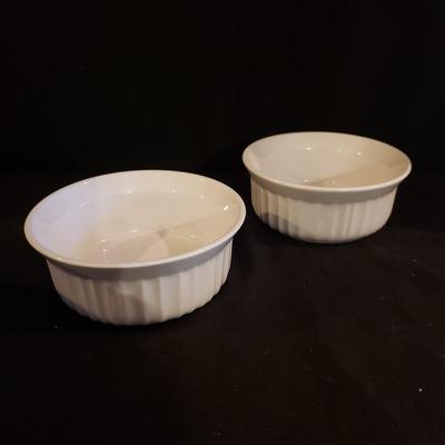 White Bowls, Brie Bakeware, Round Woven Basket-Crate & Barrel (K-RG)