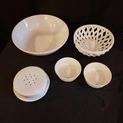 White Bowls, Brie Bakeware, Round Woven Basket-Crate & Barrel (K-RG)