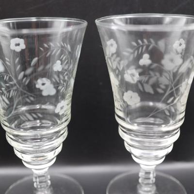 Six Etched Glass Stemmed Glasses