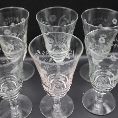 Six Etched Glass Stemmed Glasses