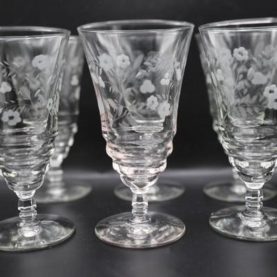 Six Etched Glass Stemmed Glasses