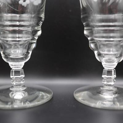 Six Etched Glass Stemmed Glasses