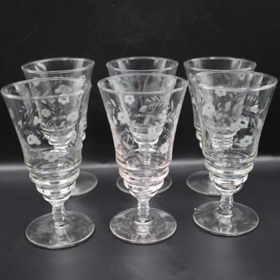 Six Etched Glass Stemmed Glasses