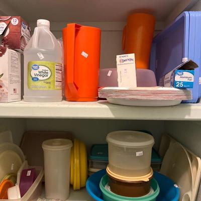 Tupperware, small appliances, kitchen towels and table cloths, cleaning supplies
