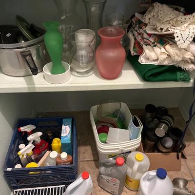 Tupperware, small appliances, kitchen towels and table cloths, cleaning supplies