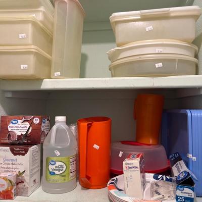 Tupperware, small appliances, kitchen towels and table cloths, cleaning supplies