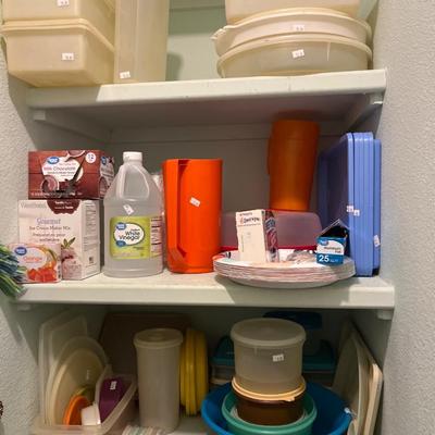 Tupperware, small appliances, kitchen towels and table cloths, cleaning supplies