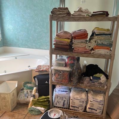 Towels, Adult Diapers, medical equipment. Curlers, rug Trash can