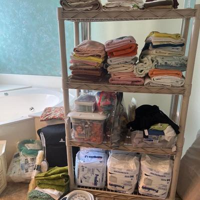 Towels, Adult Diapers, medical equipment. Curlers, rug Trash can