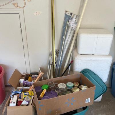 Both Coleman irons, jelly jars, light bulbs, and misc. items