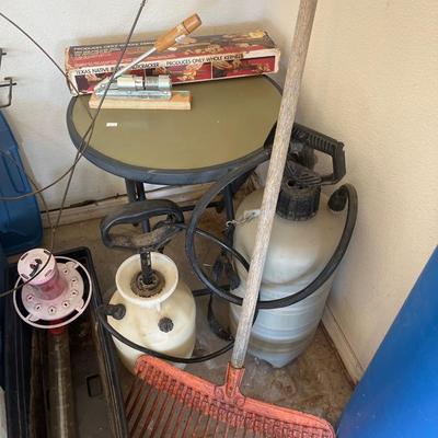 Yard chemicals, garden tools, sprayers