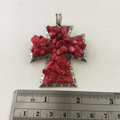 CJ vintage marked red stone type cross necklace pendant