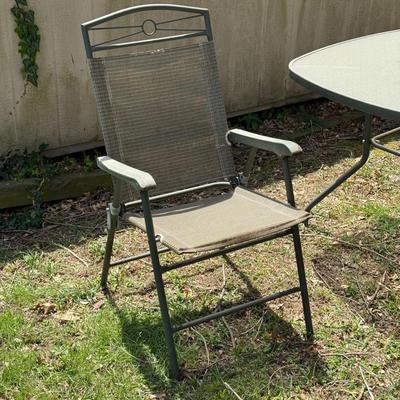 LOT 5S: Outdoor Patio Table w/ Folding Chairs & Umbrella Stand