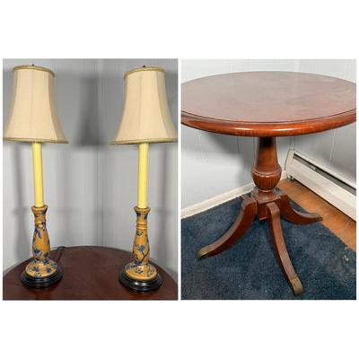 LOT 22Y: Vintage Brass Footed Circle Side Table w/ Matching Ceramic Table Lamps