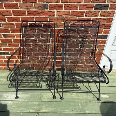 LOT 27P: Two Wrought Iron Patio Chairs & Two Patio Umbrellas w/ Base