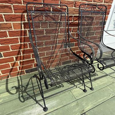 LOT 27P: Two Wrought Iron Patio Chairs & Two Patio Umbrellas w/ Base