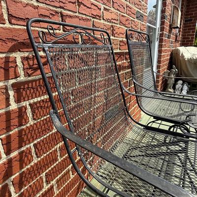 LOT 27P: Two Wrought Iron Patio Chairs & Two Patio Umbrellas w/ Base
