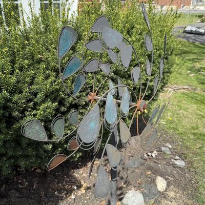 LOT 30: Garden Stake Metal Birdhouse w/ Shepherd's Hook, Wind Sculpture & Gazing Ball