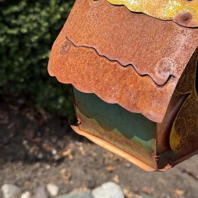 LOT 30: Garden Stake Metal Birdhouse w/ Shepherd's Hook, Wind Sculpture & Gazing Ball