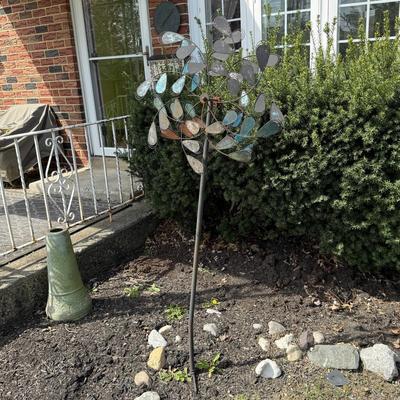 LOT 30: Garden Stake Metal Birdhouse w/ Shepherd's Hook, Wind Sculpture & Gazing Ball