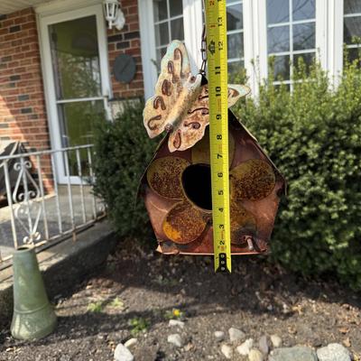 LOT 30: Garden Stake Metal Birdhouse w/ Shepherd's Hook, Wind Sculpture & Gazing Ball