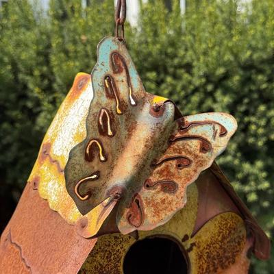 LOT 30: Garden Stake Metal Birdhouse w/ Shepherd's Hook, Wind Sculpture & Gazing Ball