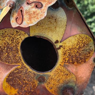 LOT 30: Garden Stake Metal Birdhouse w/ Shepherd's Hook, Wind Sculpture & Gazing Ball