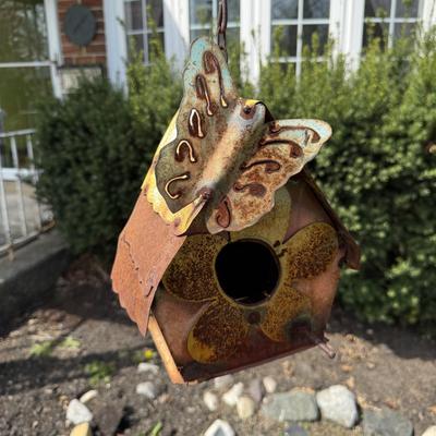 LOT 30: Garden Stake Metal Birdhouse w/ Shepherd's Hook, Wind Sculpture & Gazing Ball