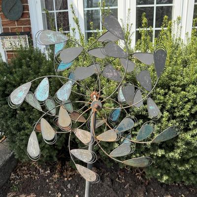 LOT 30: Garden Stake Metal Birdhouse w/ Shepherd's Hook, Wind Sculpture & Gazing Ball
