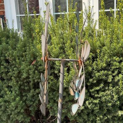 LOT 30: Garden Stake Metal Birdhouse w/ Shepherd's Hook, Wind Sculpture & Gazing Ball