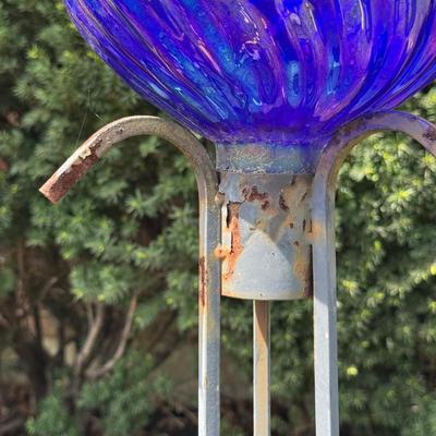 LOT 30: Garden Stake Metal Birdhouse w/ Shepherd's Hook, Wind Sculpture & Gazing Ball