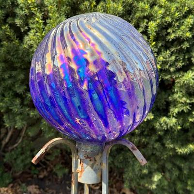 LOT 30: Garden Stake Metal Birdhouse w/ Shepherd's Hook, Wind Sculpture & Gazing Ball