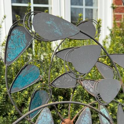 LOT 30: Garden Stake Metal Birdhouse w/ Shepherd's Hook, Wind Sculpture & Gazing Ball