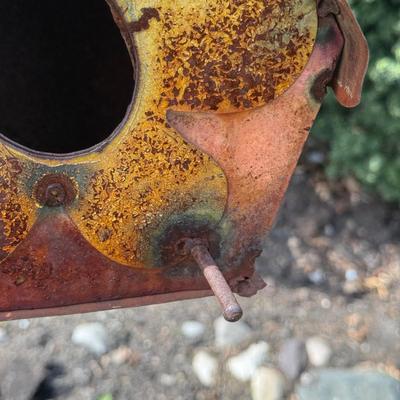 LOT 30: Garden Stake Metal Birdhouse w/ Shepherd's Hook, Wind Sculpture & Gazing Ball