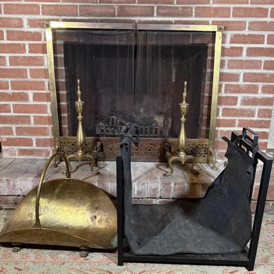 LOT 122B: Vintage Brass Fireplace Screen, Andirons, Tools & More!