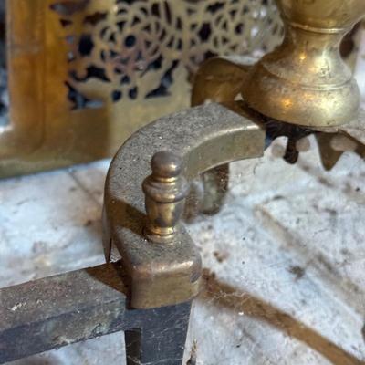 LOT 122B: Vintage Brass Fireplace Screen, Andirons, Tools & More!