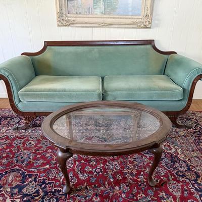 LOT 128L: Vintage Green Duncan Phyfe Style Sofa w/ Glass Top Coffee Table