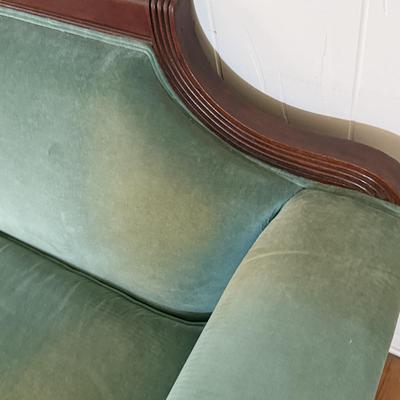 LOT 128L: Vintage Green Duncan Phyfe Style Sofa w/ Glass Top Coffee Table